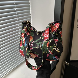 Vintage Floral Print Canvas Shoulder Bag For Women Retro Ethnic Style Underarm Hobo Bag And Round Coin Purse Zip Closure