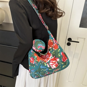 Floral shoulder bag with matching coin purse in green vintage peony print canvas