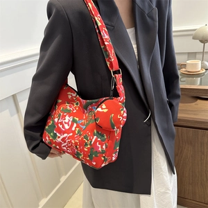 Ethnic red floral tote bag with peony pattern and detachable round coin purse charm