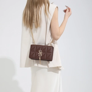 Fashionable dark brown quilted small square shoulder bag with gold chain and tassel charm