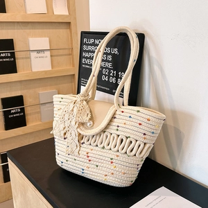 Sac fourre-tout tissé à la mode avec pois colorés, fermoir perle et nœud en dentelle