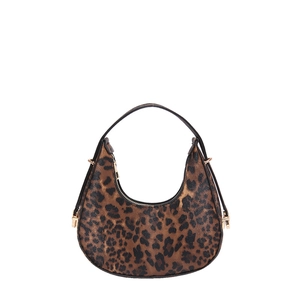Fashionable leopard print hobo bag with gold hardware and slim black strap on white background
