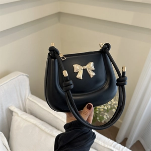 PU Leather Underarm Shoulder Bag With Golden Metal Bow And Knotted Strap Half Moon Fashion Handbag For Women