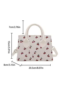 Sac à bandoulière en toile blanche imprimé cerises avec dimensions du produit