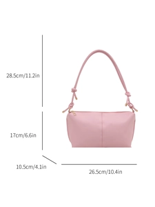 Pale pink minimalist tote bag with knot strap detail and dimensions in centimeters