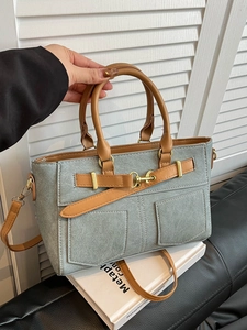 Borsa da Sottobraccio in Pelle PU a Trama Denim Vintage da Donna Borsa a Spalla City Fashion Con Doppie Tasche e Accessori Oro