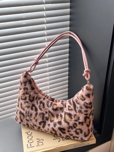 Leopard Print Faux Fur Shoulder Bag Plush Underarm Handbag With Knot Strap Fashion For Women