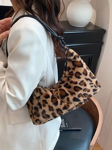 Stylish leopard print faux fur underarm bag with black knotted leather strap for women