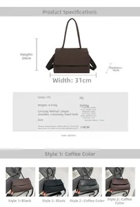 Detailed chart showing PU leather tote dimensions with strap and weight specifications