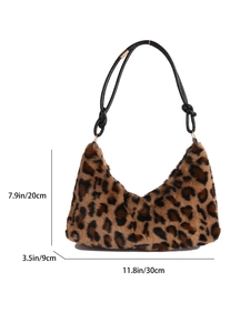 Chic leopard print faux fur shoulder bag with dimensions 30x20x9cm and knotted strap
