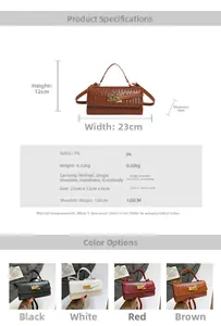 Maattabel voor geweven mini crossbody tas met afmetingen 23x12x6cm en details over PU-materiaal