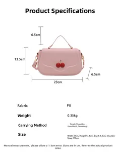 Size chart showing dimensions of the cherry crossbody bag: 23x13.5x6.5 cm with PU material
