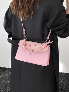 Pink sweet shoulder bag with strawberry print and knotted handle for women