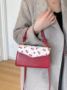 Minimalist red heart cherry print crossbody bag with gold hardware worn by model
