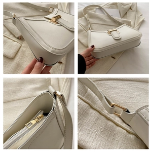 Detailed four-way view of a cream crescent bag showing gold hardware and smooth stitching