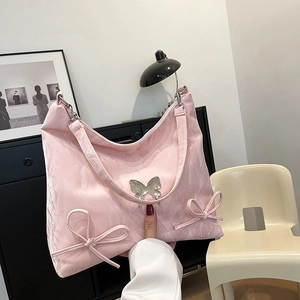 Borsa Tote in Pelle PU di Grande Capacità Con Farfalla in Metallo e Fiocchi Borsa a Spalla Hobo Plissettata per Donna
