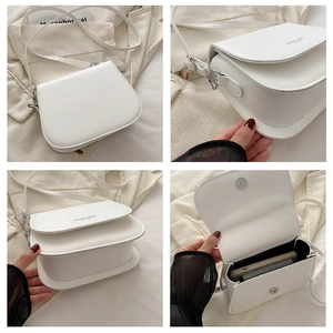 Detailed views of a white saddle crossbody bag showing texture, logo and interior capacity