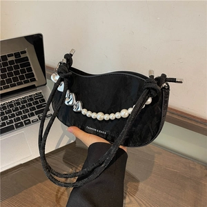Damen Unterarm Schultertasche Wildlederimitat Plissee Halbmond Hobo Künstliche Perle Silber Herz Kette Minimalistisch Koreanischer Stil