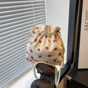 Women Strawberry Print Corduroy Bucket Bag With Artificial Pearl Strap Drawstring Sweet Cute Crossbody Shoulder Bag