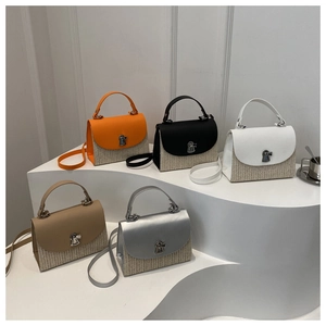 Straw patchwork crossbody bags in five colors with metal lock and top handle