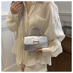 Close-up of a metallic silver leather mini bag with a signature golden horseshoe buckle