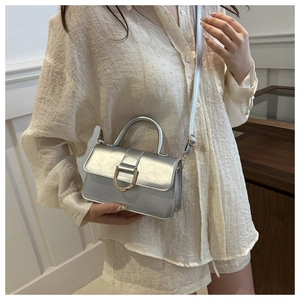 Silver PU leather mini square bag with gold D-buckle and thin shoulder strap details