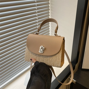 Borsa A Mano In Paglia Intrecciata Da Donna Splicing In Pelle PU Borsa A Tracolla Quadrata Moda Vacanza Al Mare Borsa A Spalla Serratura In Metallo Argentato
