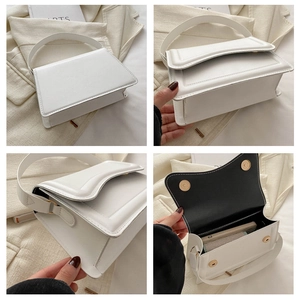 Detailed four-view of a minimalist white square handbag showing interior capacity and PU texture