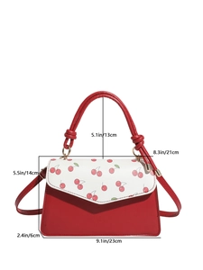 Minimalist red and white crossbody bag with cherry prints and dimensions displayed