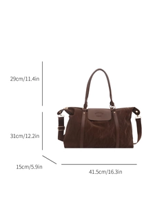 Brown large capacity travel handbag for women with pleated texture and gold hardware