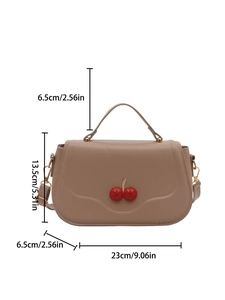 Elegant beige leather handbag with red cherry detail and top handle dimensions