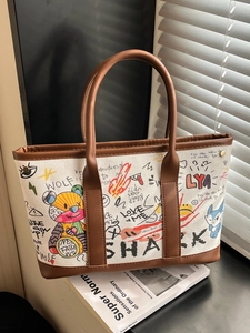 Sac Cabas en Toile Graffiti pour Femmes Grande Capacité Sac à Main Imprimé Dessin Animé Mode Sac à Épaule Décontracté