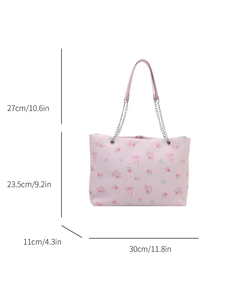 Pink floral tote bag dimensions: 30cm width, 23.5cm height, 11cm depth with chain handles