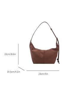Dark brown suede hobo bag with knotted strap and dimensions 23cm width by 22cm height
