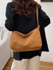 Minimalist caramel brown suede hobo bag for women with wide shoulder strap
