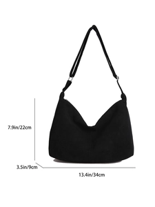 Minimalist black crescent shoulder bag with adjustable strap and product dimensions