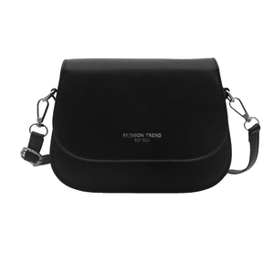 Minimalist black matte leather shoulder bag with silver buckle and fashion trend lettering