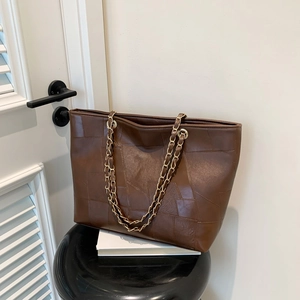 Vintage Geometric Patchwork PU Leather Tote Bag Large Capacity Chain Strap Women Shoulder Bag Commuter Casual Handbag