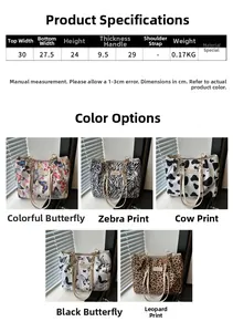 Size chart and technical specifications for lightweight fashion printed tote bag