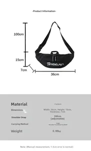 Detailed size specifications for the black canvas chest bag with adjustable strap
