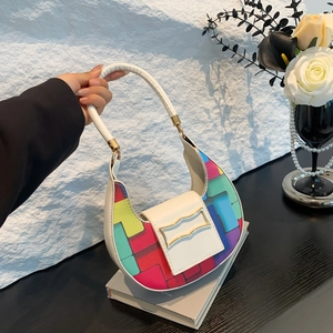 Fashion Patchwork Crescent Shoulder Bag Geometric Color Block PU Leather Hobo Underarm Bag For Women Daily Casual Style