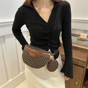 Sac de poitrine chic rétro à monogramme et petit porte-monnaie rond pour femme en cuir marron