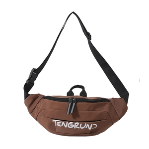 Brown nylon waist bag with TENGRUN logo, adjustable strap and reflective zippers