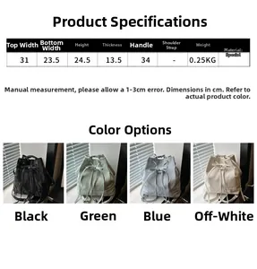 Detailed size chart for the lightweight quilted bucket bag in four colors with dimensions