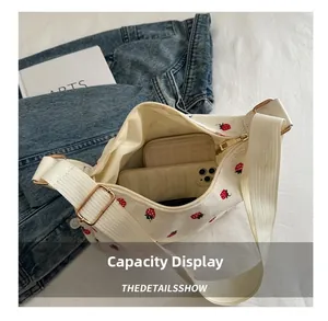 Capacity display of white strawberry canvas bag showing storage for phone and wallet