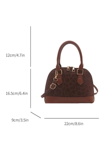 Front view of leopard print shell bag with dimensions showing the large capacity