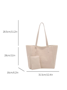 Minimalist beige tote bag with dimensions and matching pouch on white background