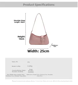 Pink PU leather shoulder bag size chart with dimensions 25x14x5cm and product weight