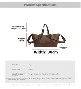 Detailed size specifications for large brown pleated PU leather tote bag with dimensions