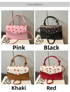 Detailed grid view of four patterned crossbody bags in pink, black, khaki, and red colors